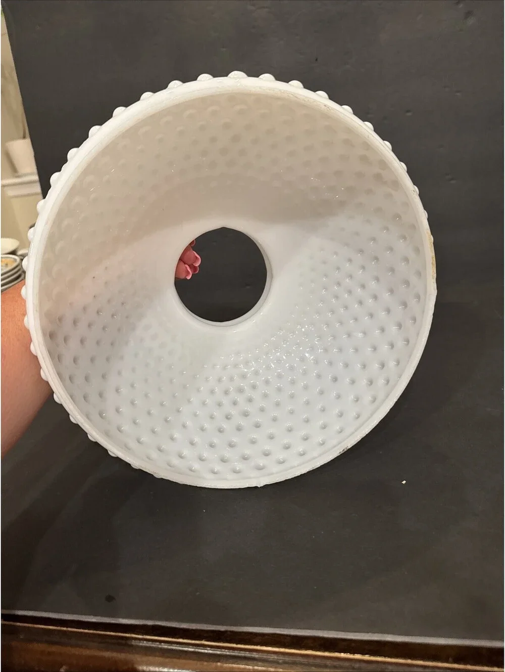 Large White Milk Glass Hobnail Student Lamp Shade Crimp Top 9.75” Fitter